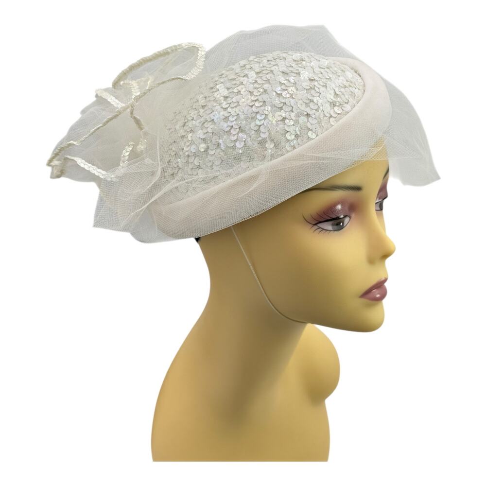 Vintage White Off-white Hat W/ Netting Sequins Classic Pillbox Wedding Chic 60's